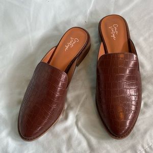 Brown crocodile embossed slip-on mules, size 8